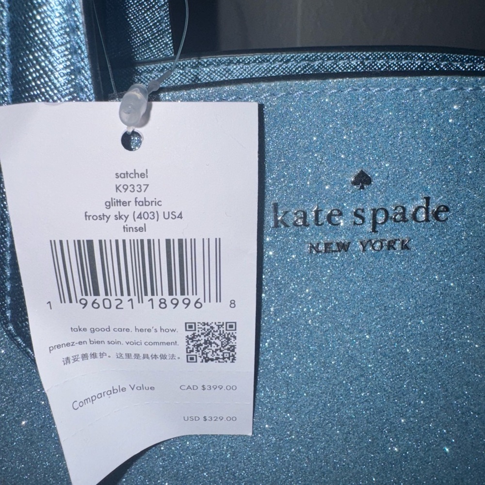 kate spade glitter satchel in frosty sky tinsel blue